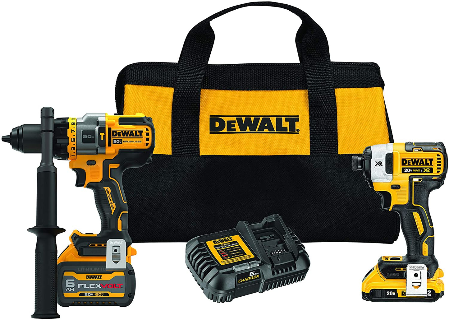 Combo Kit 60V/20V FlexVolt Hammer Drill/Driver Brushless w/1-2Ah 20V, 1-20-60V/Charger/Bag