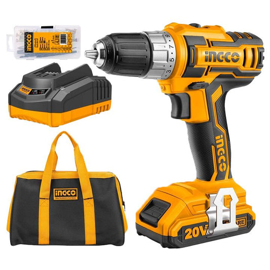 1/2" Cordless Impact Drill Kit 2 Batteries 50 Piece Accessories Ingco