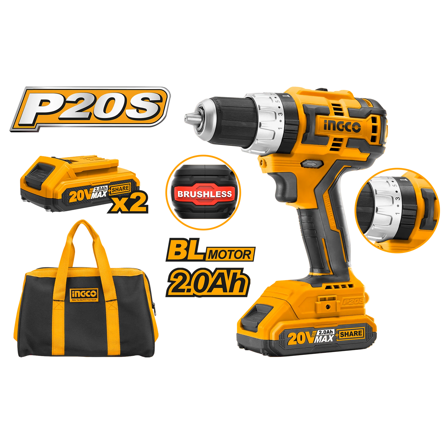 Impact Drill Brushless With 2pcs battery pack Ingco